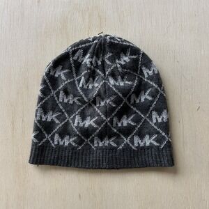 Michael Kors Hat Beanie Womens One Size Gray Geometric MK Logo Knit Metallic